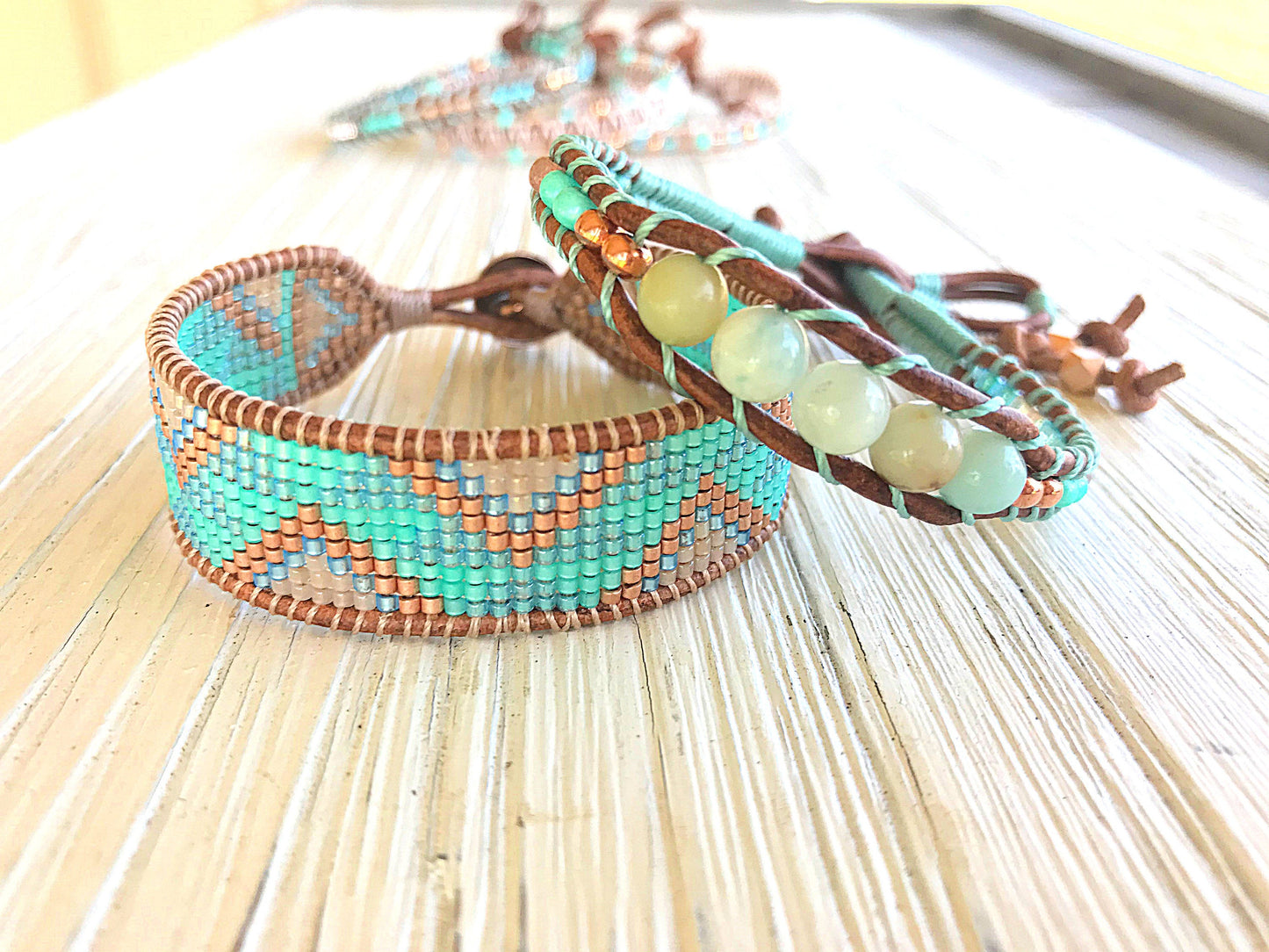 Aqua and Rose gold Loom and Macrame Bracelet stack set