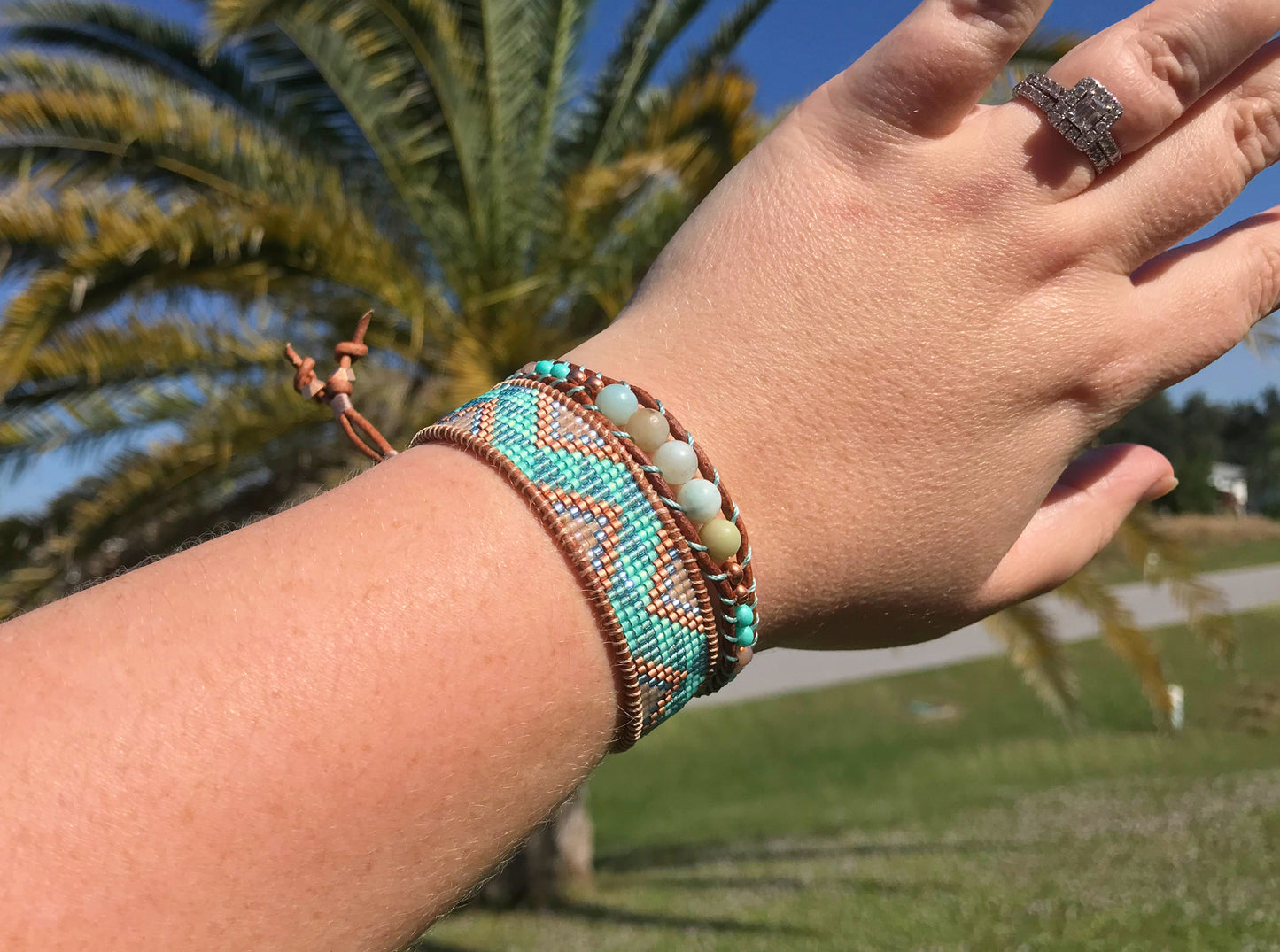 Aqua and Rose gold Loom and Macrame Bracelet stack set
