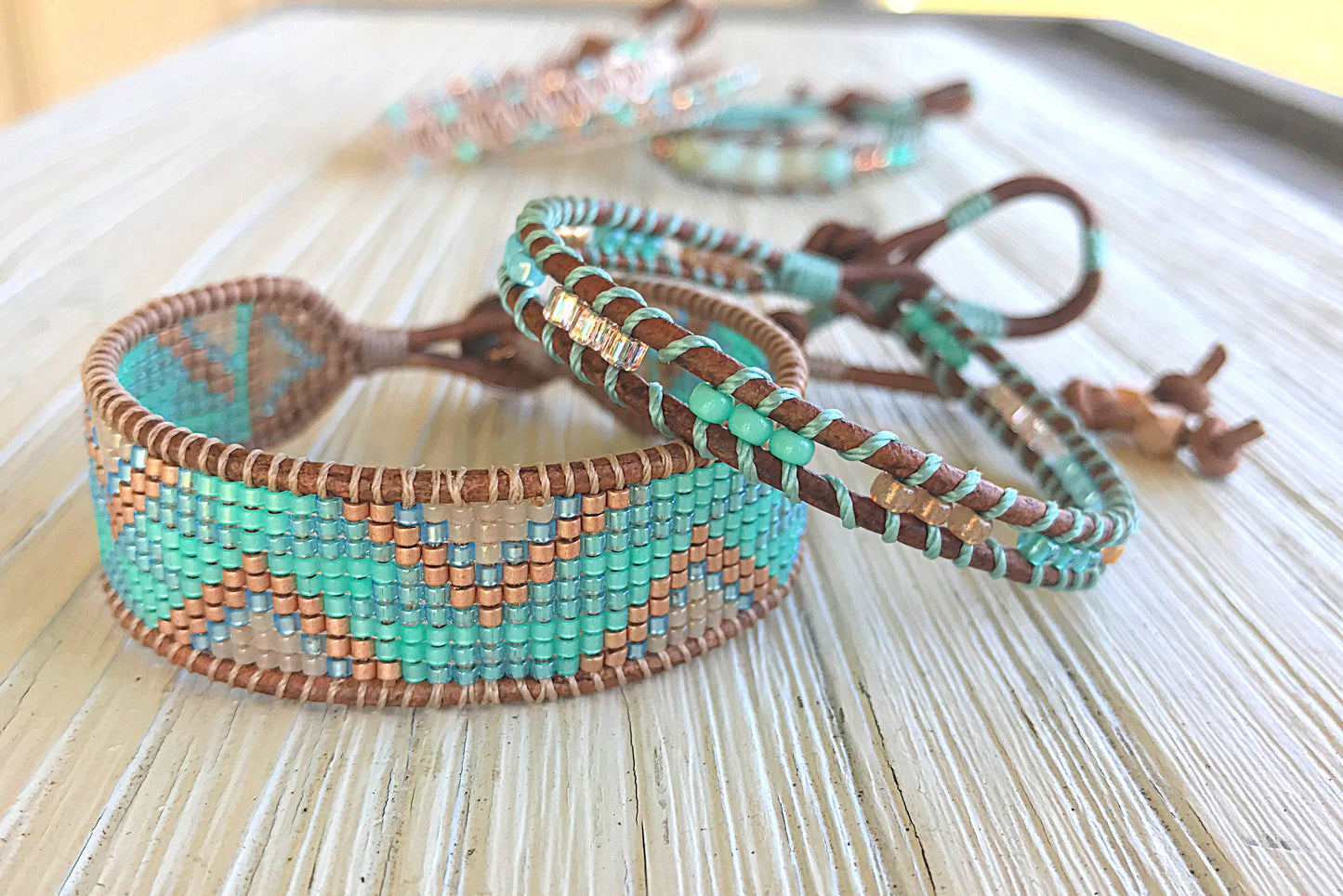 Aqua and Rose gold Loom and Macrame Bracelet stack set