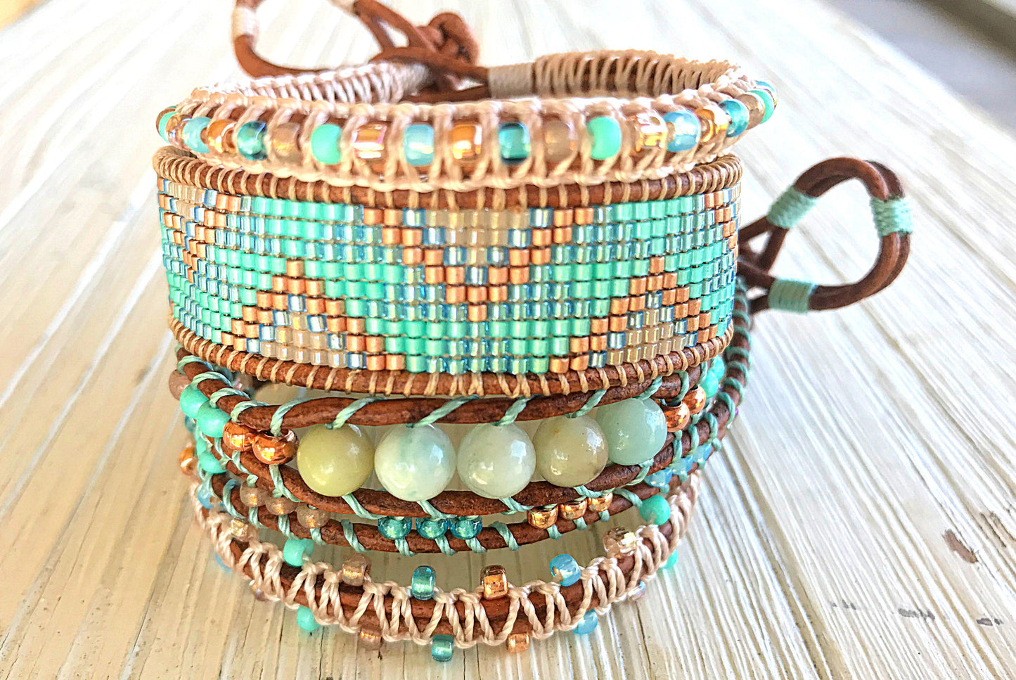 Aqua and Rose gold Loom and Macrame Bracelet stack set