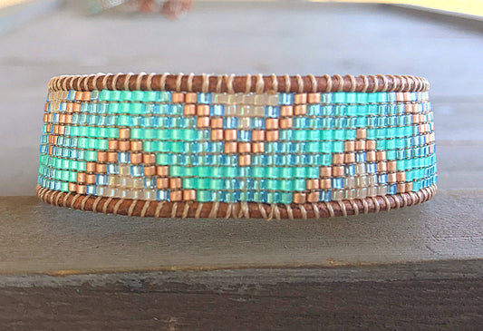 Aqua and Rose Gold Tribal Loom Beaded Leather Bracelet