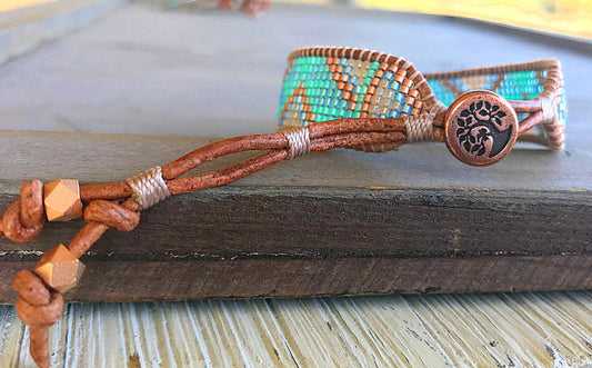 Aqua and Rose Gold Tribal Loom Beaded Leather Bracelet