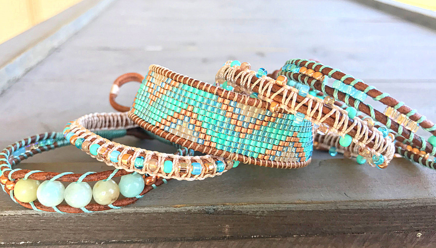 Aqua and Rose gold Loom and Macrame Bracelet stack set