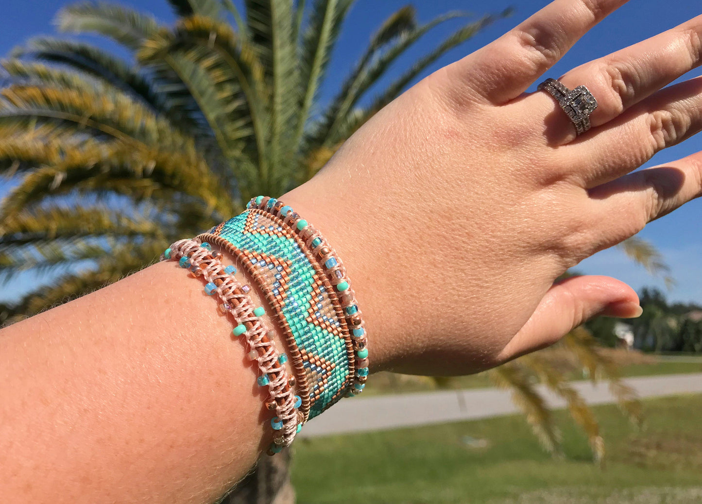 Aqua and Rose gold Loom and Macrame Bracelet stack set