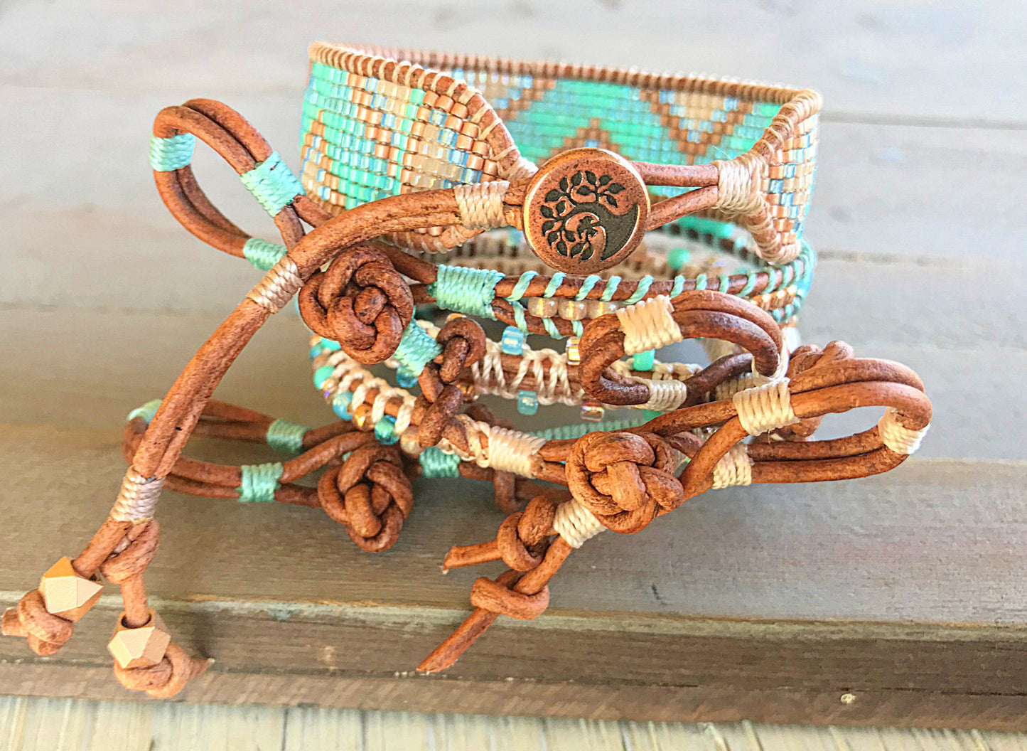 Aqua and Rose gold Loom and Macrame Bracelet stack set
