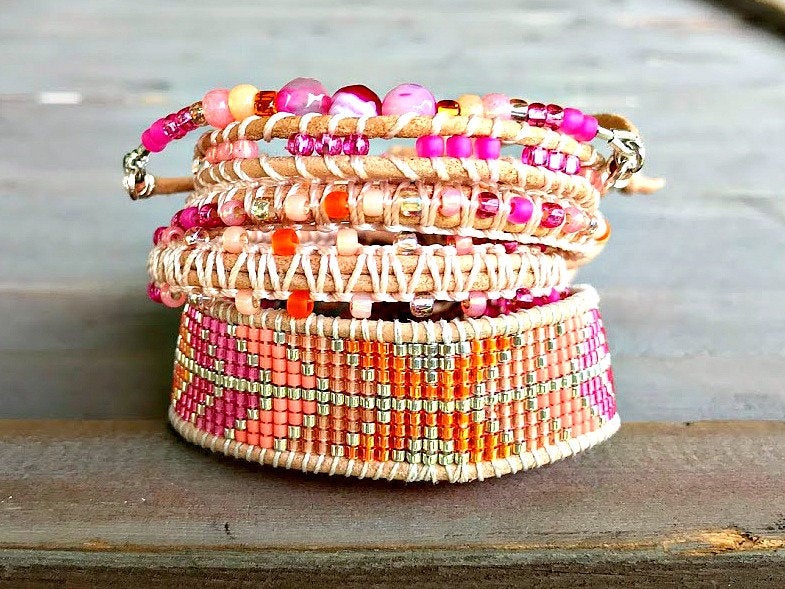 Hot Pink and Orange Geometric Arrow Loom and Macrame Bracelet stack set