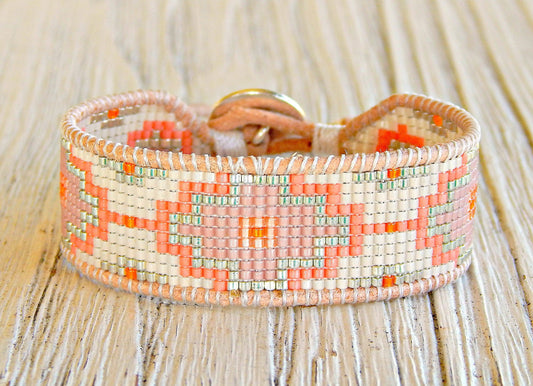 Coral and Peach Southwestern Style Bead Loom Woven Bracelet