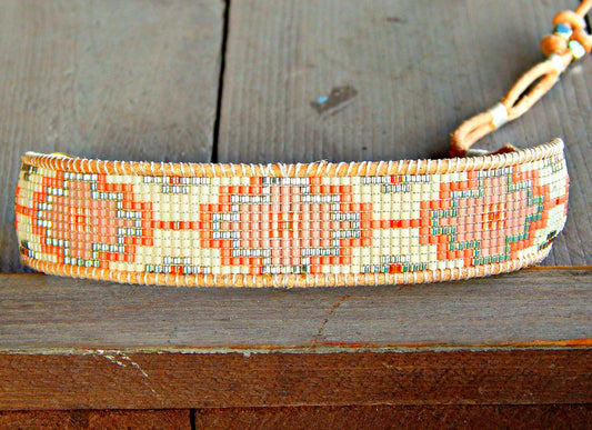 Coral and Peach Southwestern Style Bead Loom Woven Bracelet