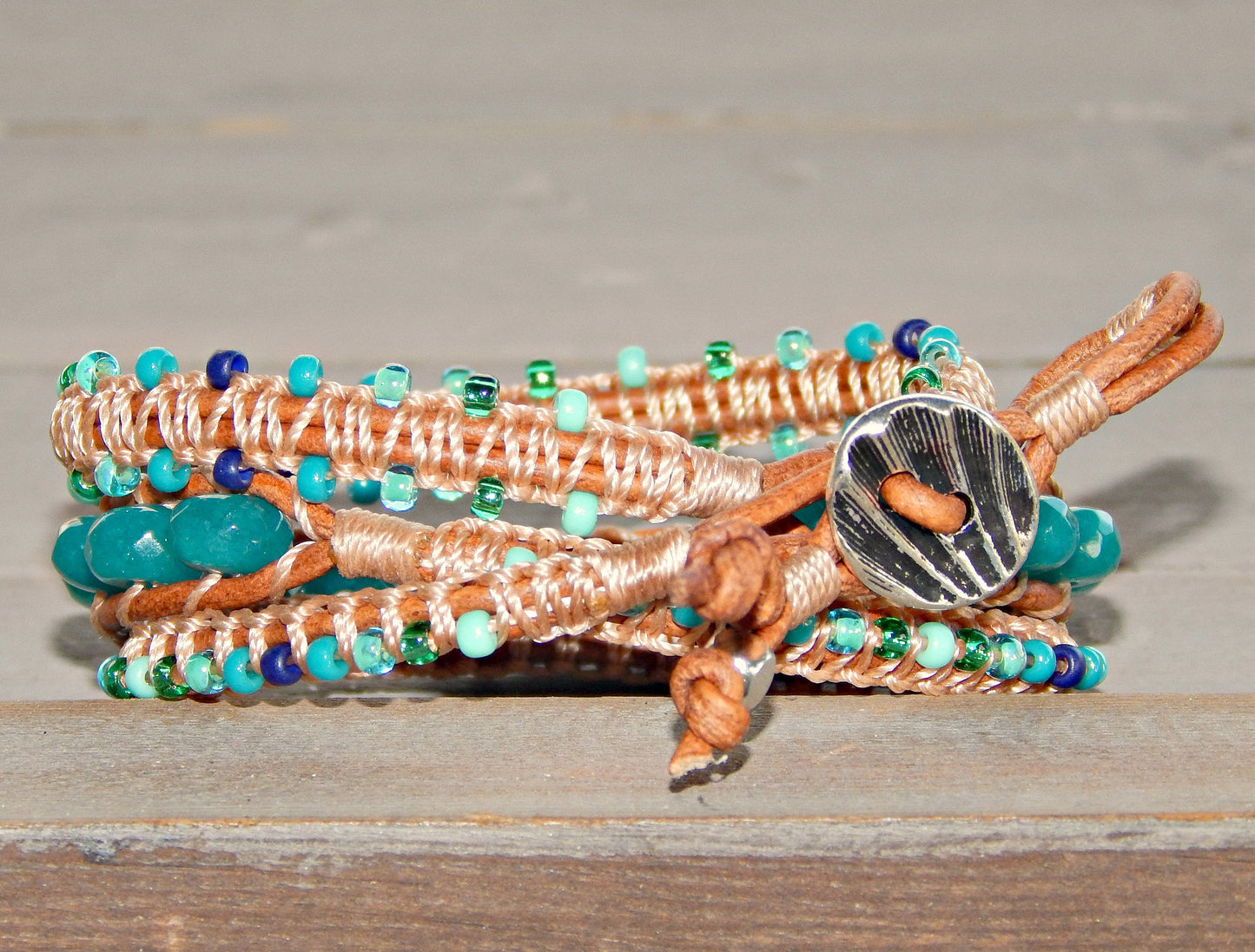 Teal Jade and Macrame Boho 3x wrap bracelet, unique macrame wrap bracelet