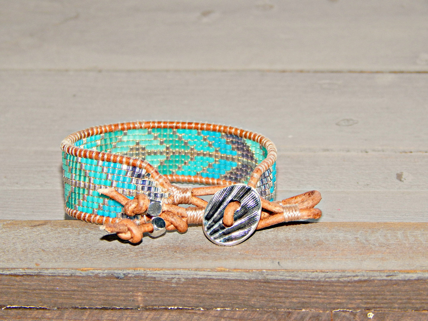 Aqua Diamond Arrow Loom Beaded Leather friendship bracelet