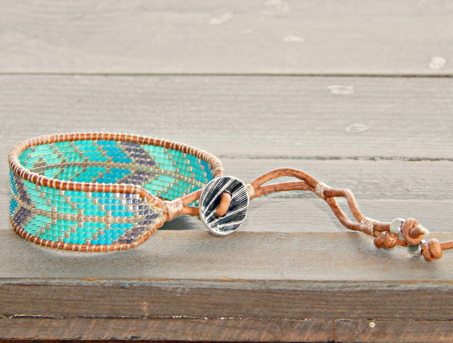 Aqua Diamond Arrow Loom Beaded Leather friendship bracelet