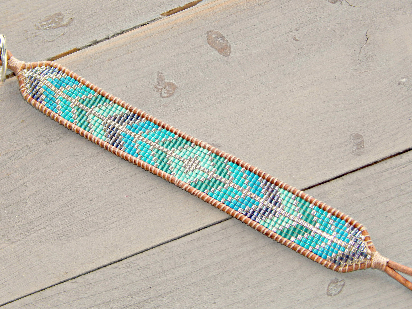 Aqua Diamond Arrow Loom Beaded Leather friendship bracelet