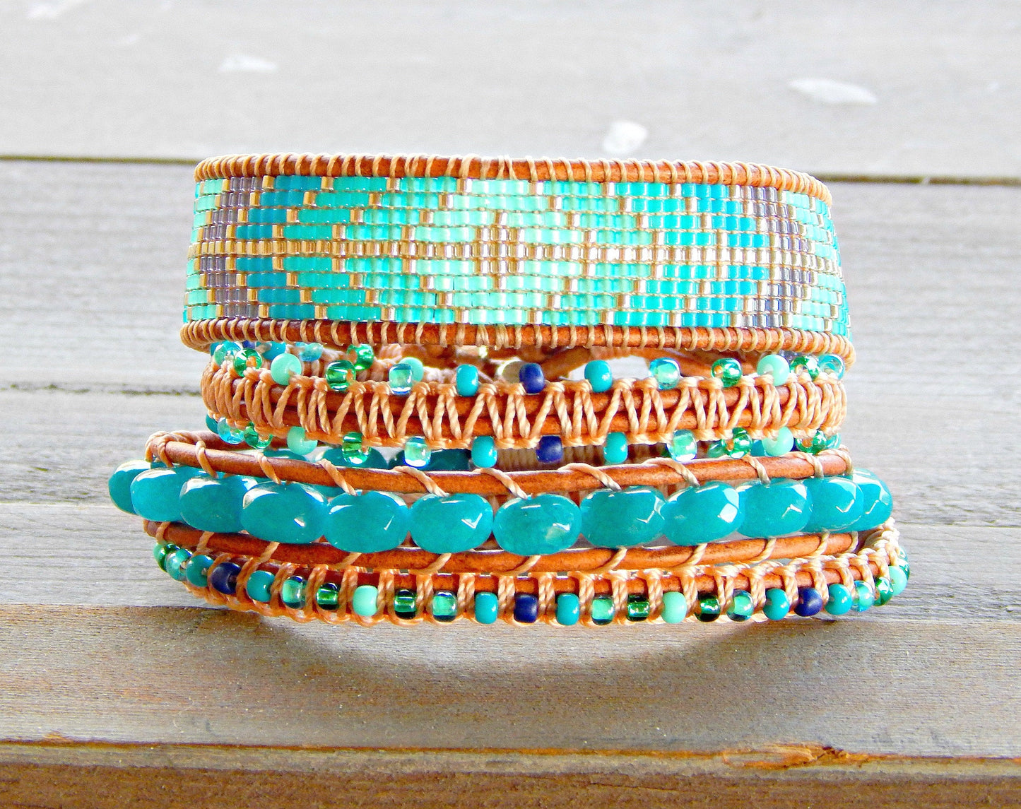 Aqua Diamond Arrow Loom Beaded Leather friendship bracelet