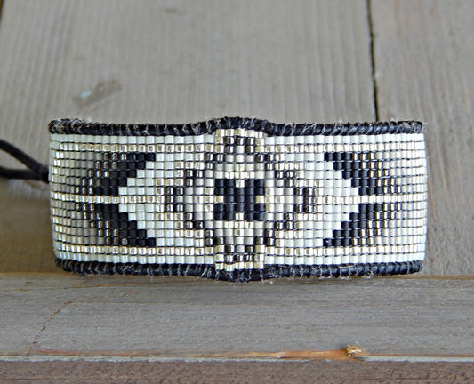 Black, Gray, and Silver Loom Woven Southwestern Tribal Beaded Bracelet