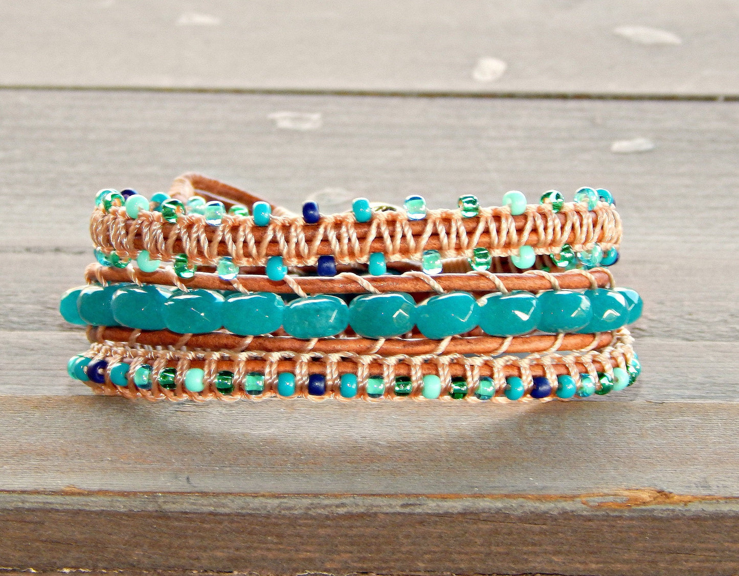 Teal Jade and Macrame Boho 3x wrap bracelet, unique macrame wrap bracelet