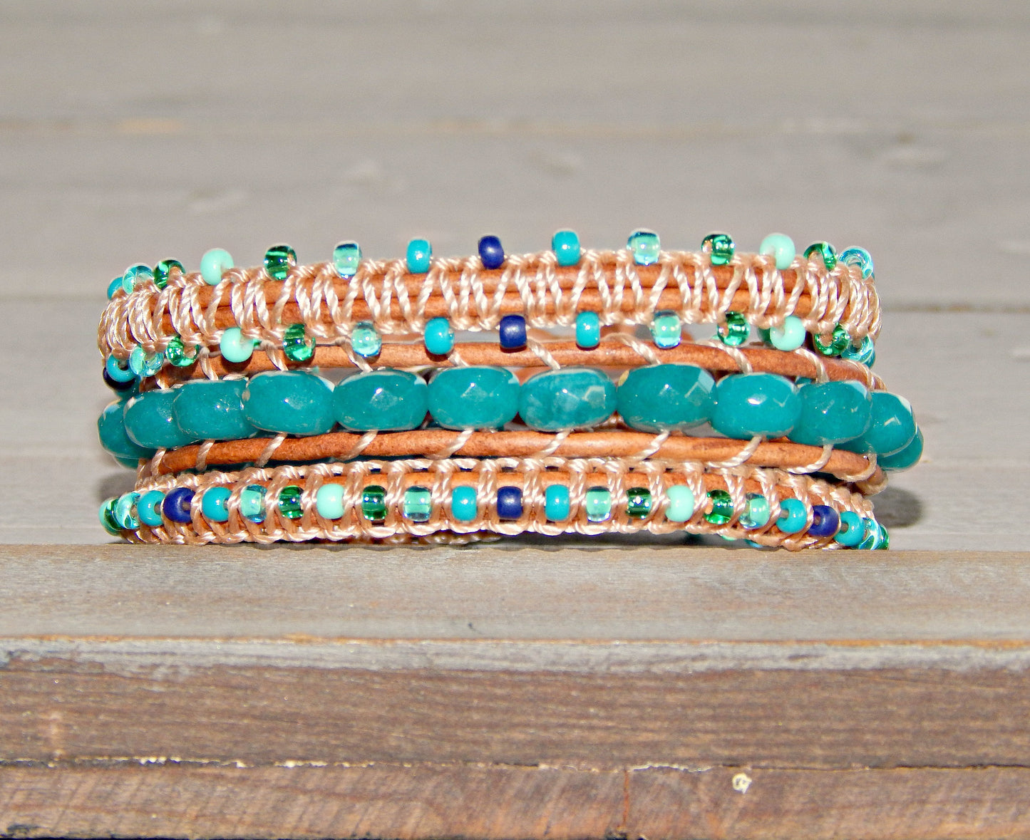 Teal Jade and Macrame Boho 3x wrap bracelet, unique macrame wrap bracelet