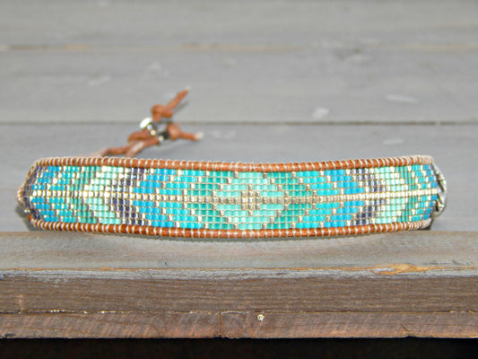 Aqua Diamond Arrow Loom Beaded Leather friendship bracelet