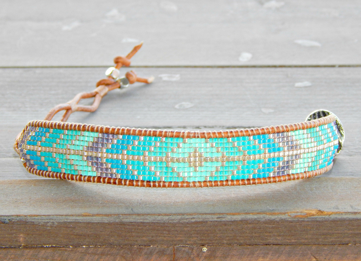 Aqua Diamond Arrow Loom Beaded Leather friendship bracelet