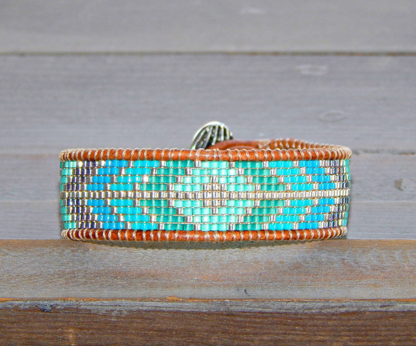 Aqua Diamond Arrow Loom Beaded Leather friendship bracelet