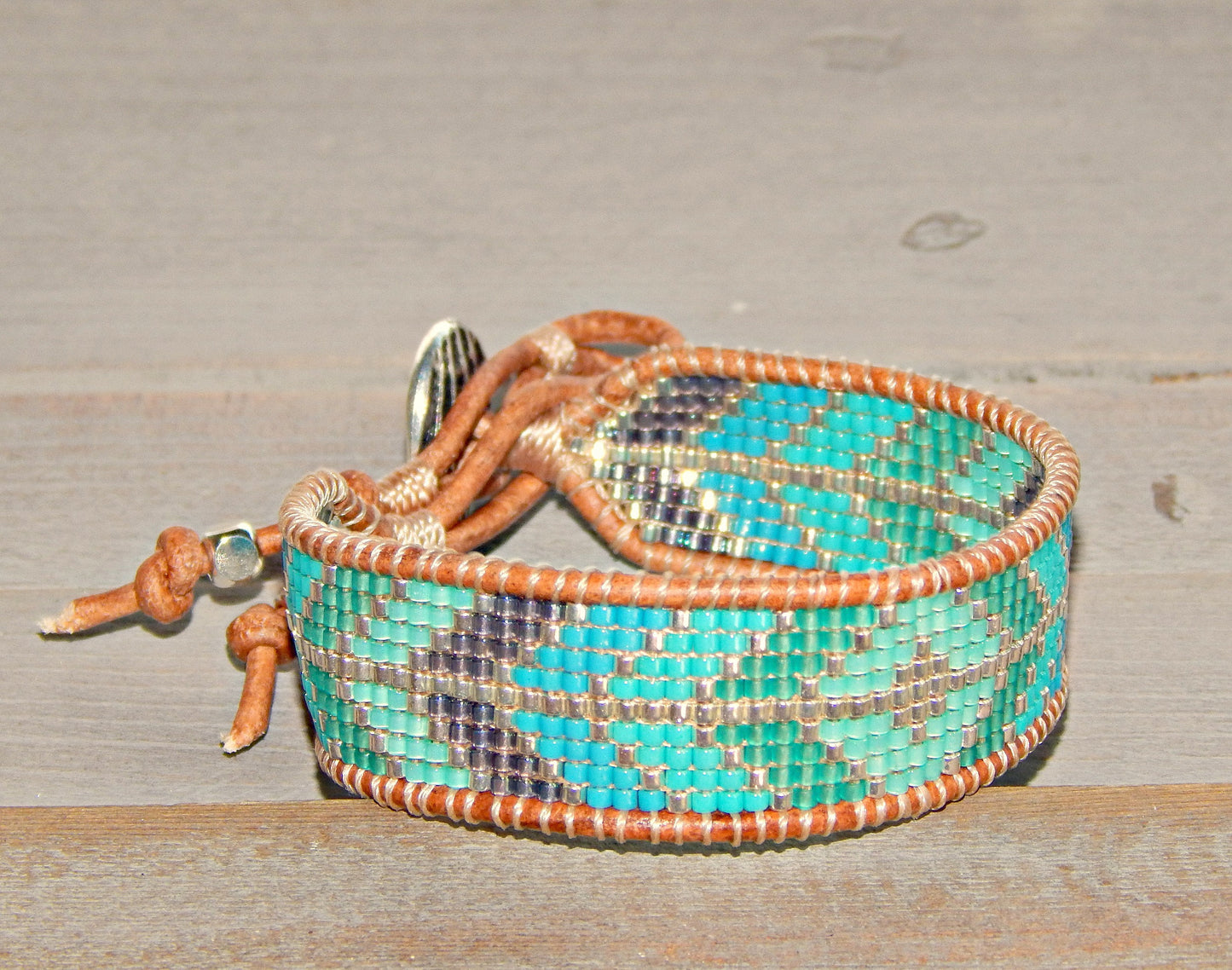 Aqua Diamond Arrow Loom Beaded Leather friendship bracelet