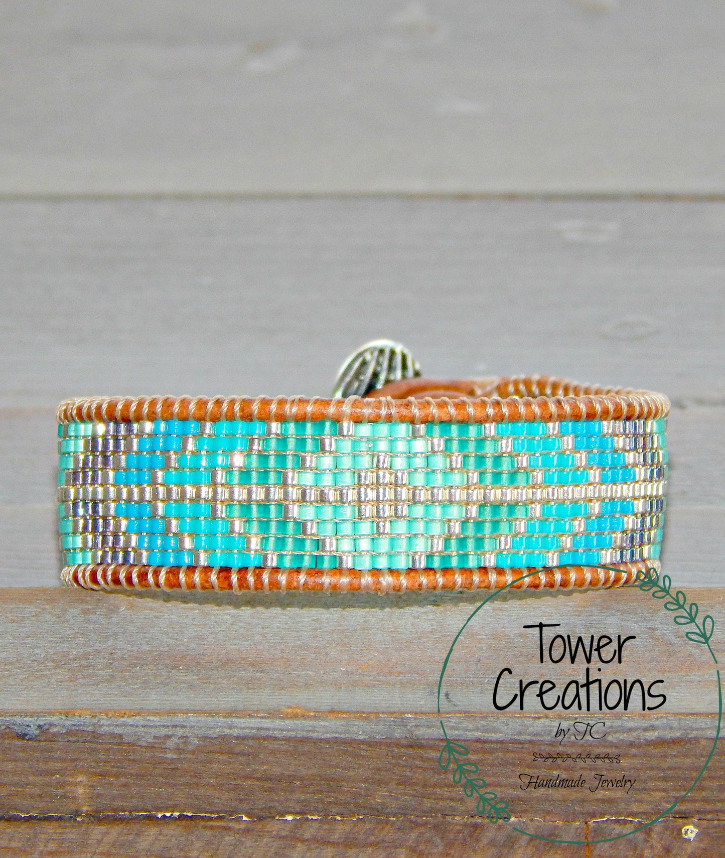 Aqua Diamond Arrow Loom Beaded Leather friendship bracelet