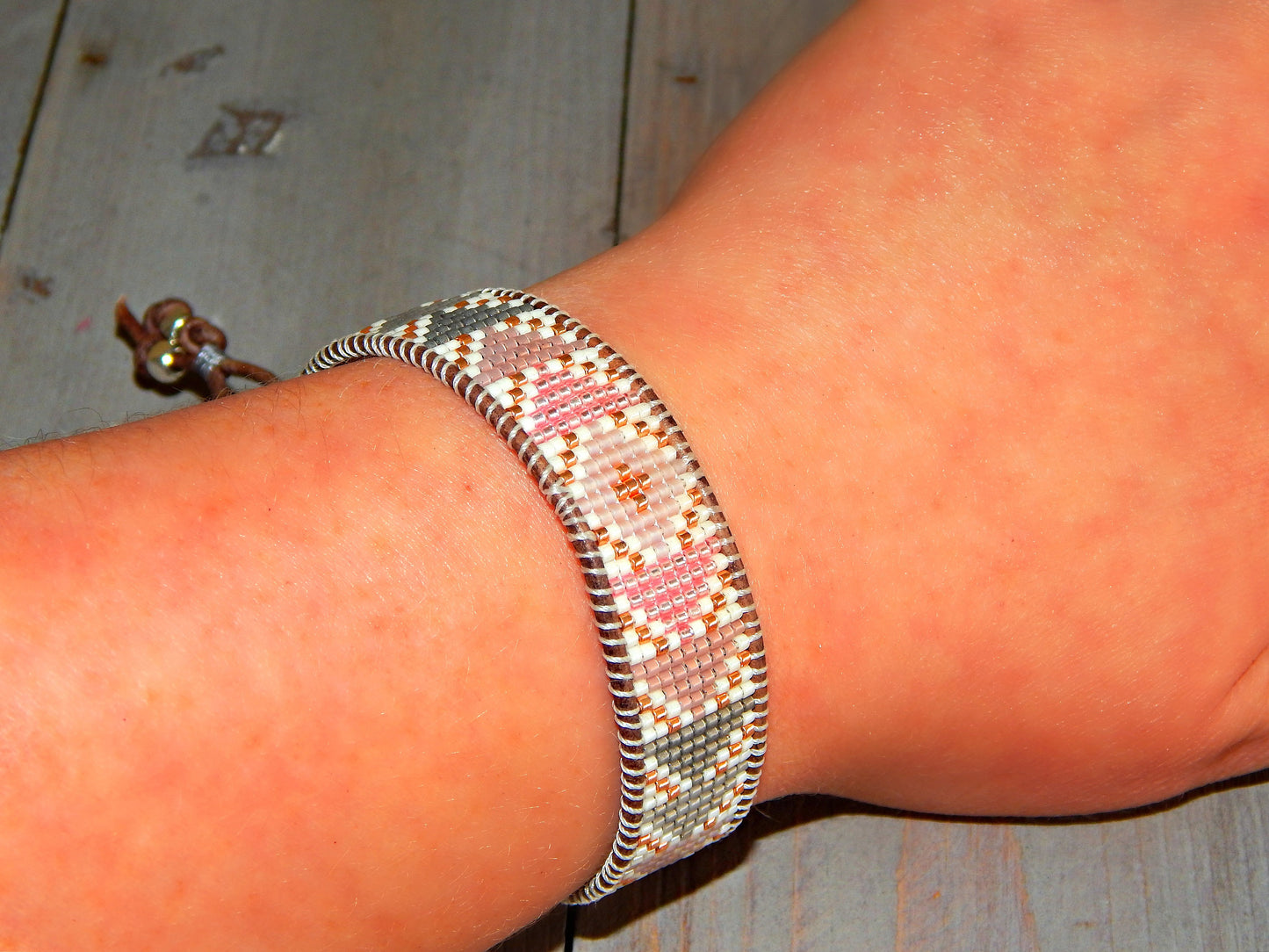 Blush Pink, and Gray Geometric Loom Woven Triangle beaded friendship bracelet