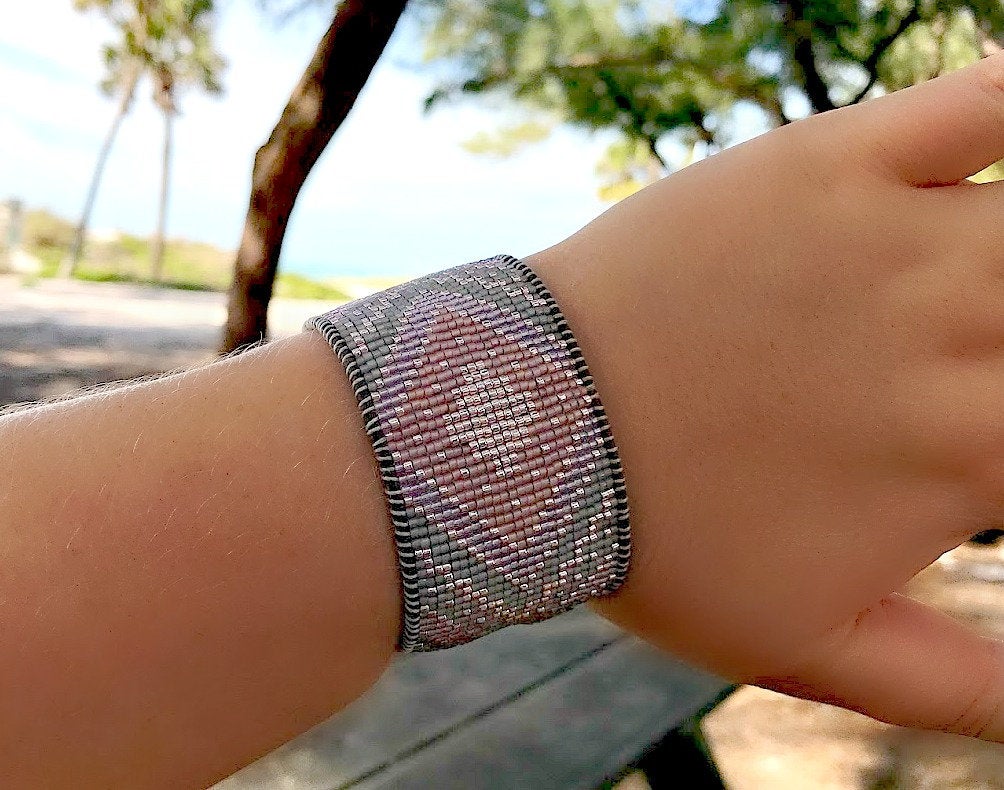 Rose Gold and Silver Extra wide Geometric bead loom woven cuff