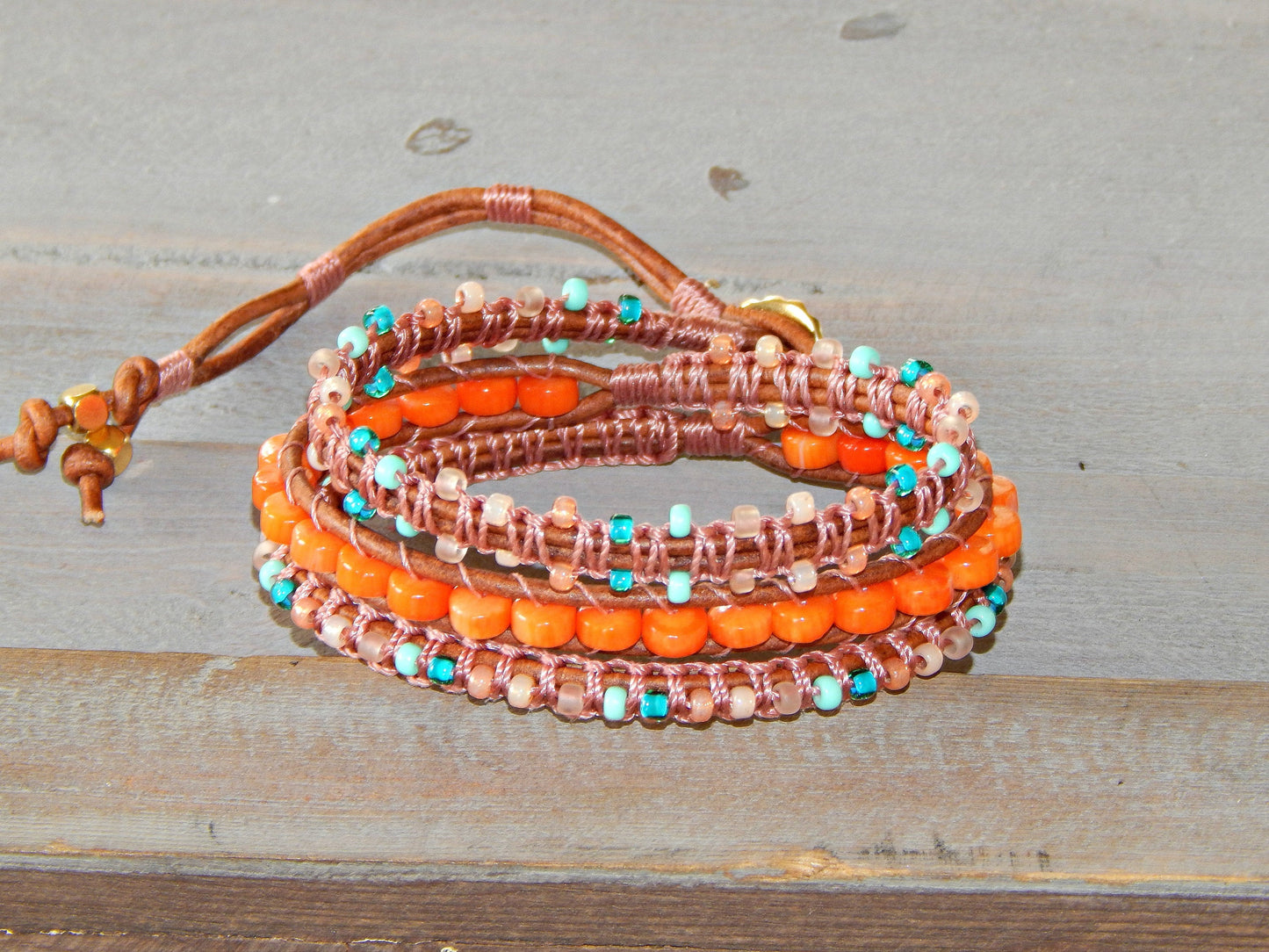 Teal and Coral Macrame Boho 3x wrap bracelet, unique macrame wrap bracelet