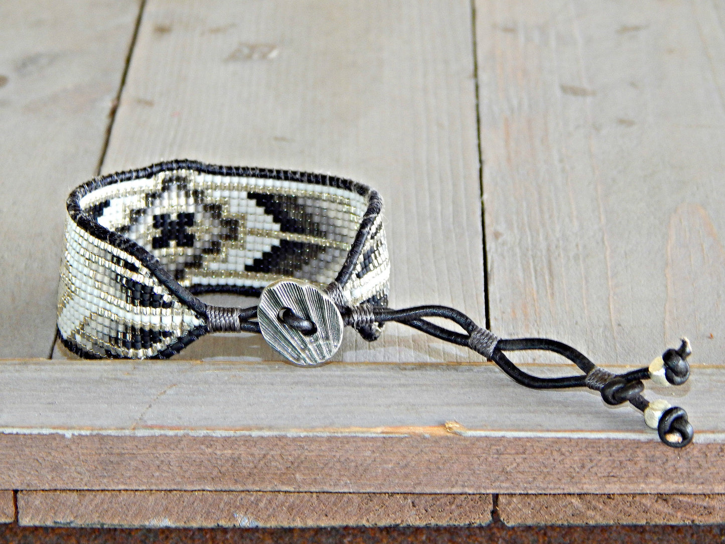 Black, Gray, and Silver Loom Woven Southwestern Tribal Beaded Bracelet
