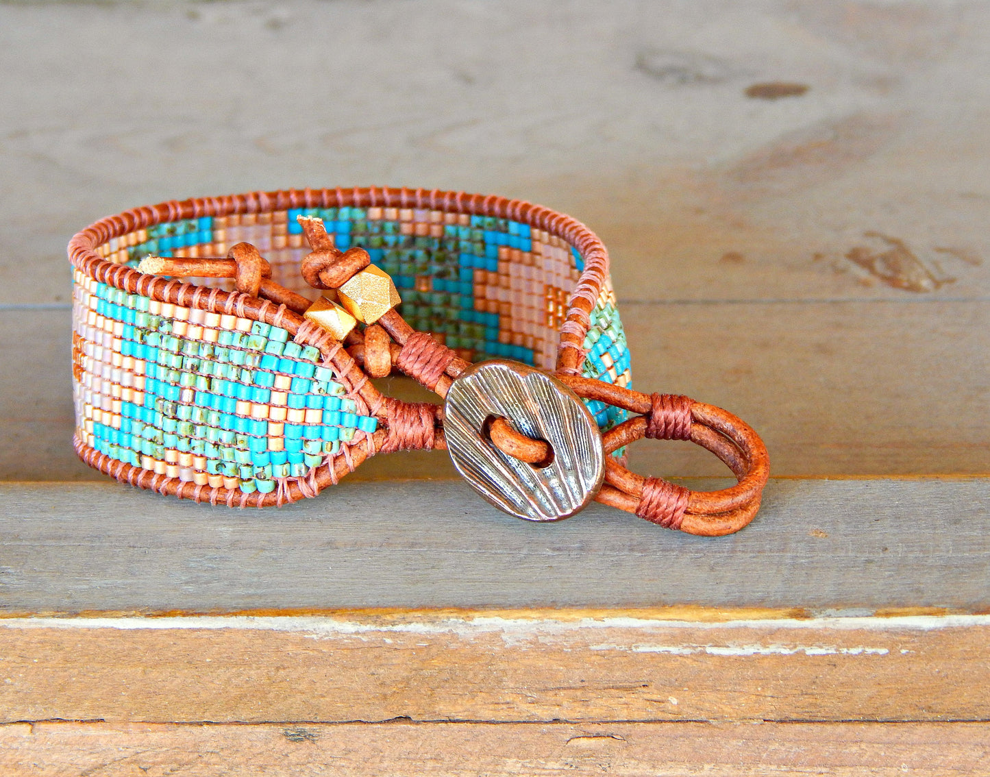 Turquoise, Blush, and Rose Gold Southwestern Style Bead Loom Woven Bracelet