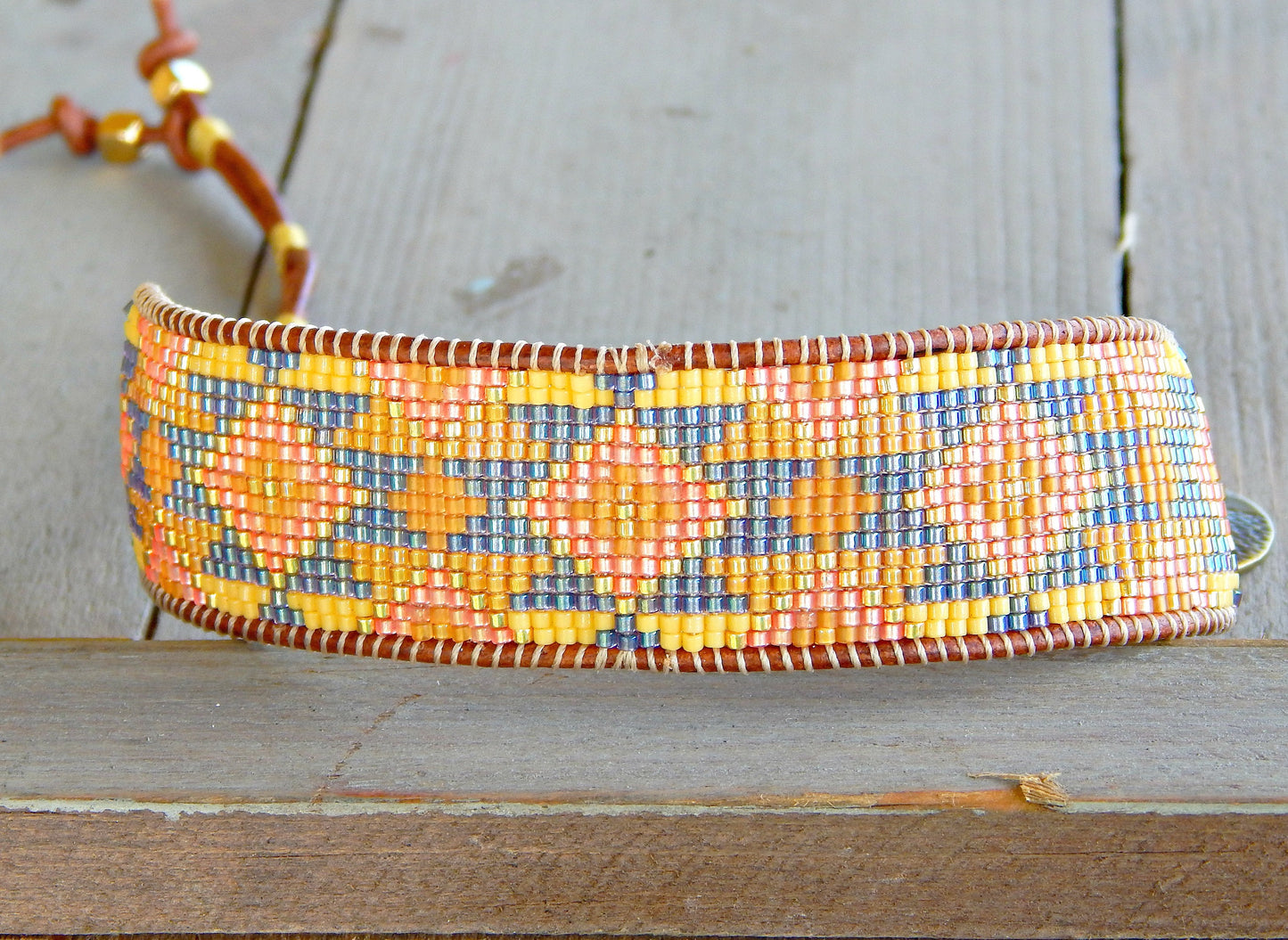 Sunflower Inspired Tribal Bead Loom Woven Cuff Bracelet