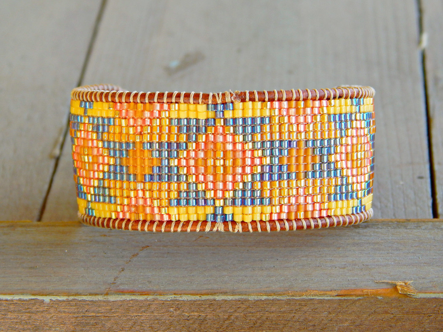 Sunflower Inspired Tribal Bead Loom Woven Cuff Bracelet