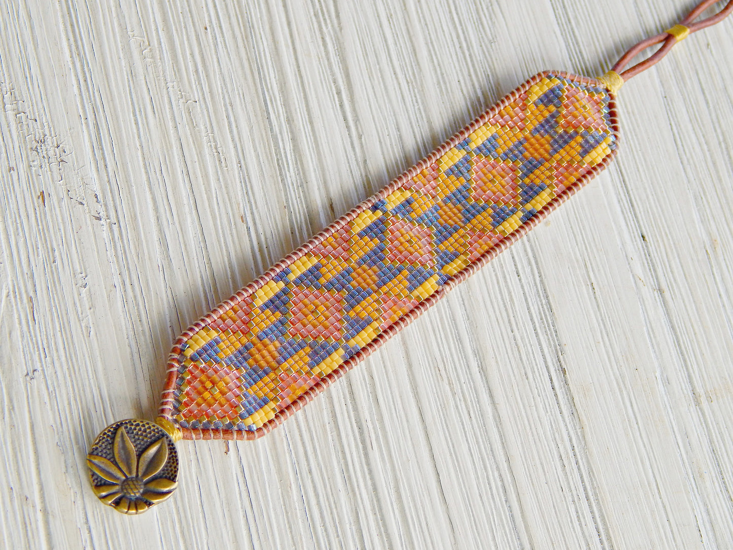 Sunflower Inspired Tribal Bead Loom Woven Cuff Bracelet