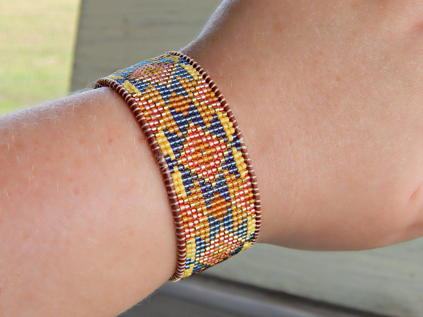 Sunflower Inspired Tribal Bead Loom Woven Cuff Bracelet