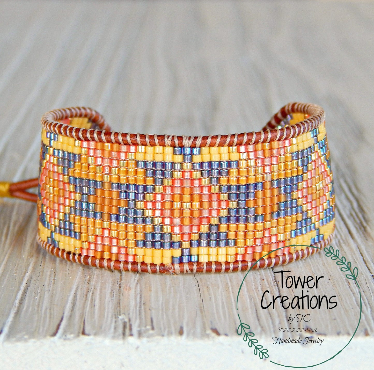 Sunflower Inspired Tribal Bead Loom Woven Cuff Bracelet