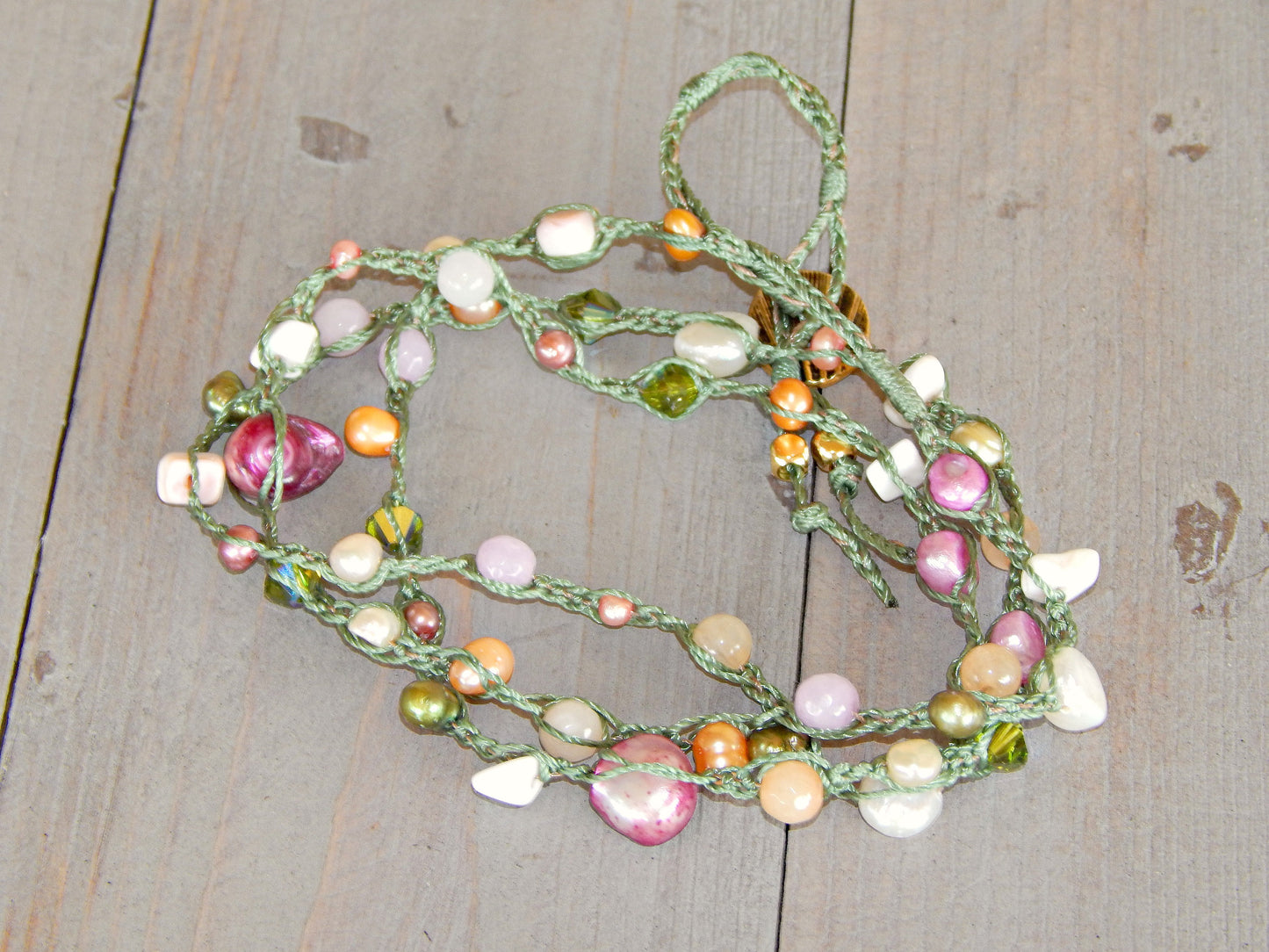 Olive, Blush, and Peach Pearl Wrap Bracelet, Anklet