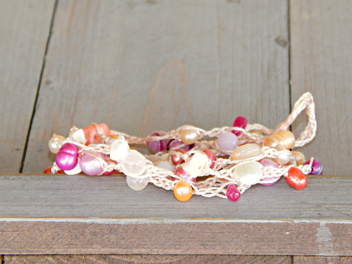 Pink, Blush, and Peach Pearl Wrap Bracelet, Anklet, Necklace