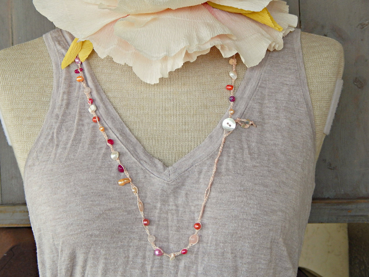 Pink, Blush, and Peach Pearl Wrap Bracelet, Anklet, Necklace