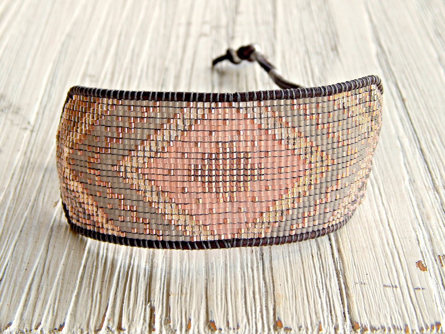 Rose Gold and Silver Extra wide Geometric bead loom woven cuff