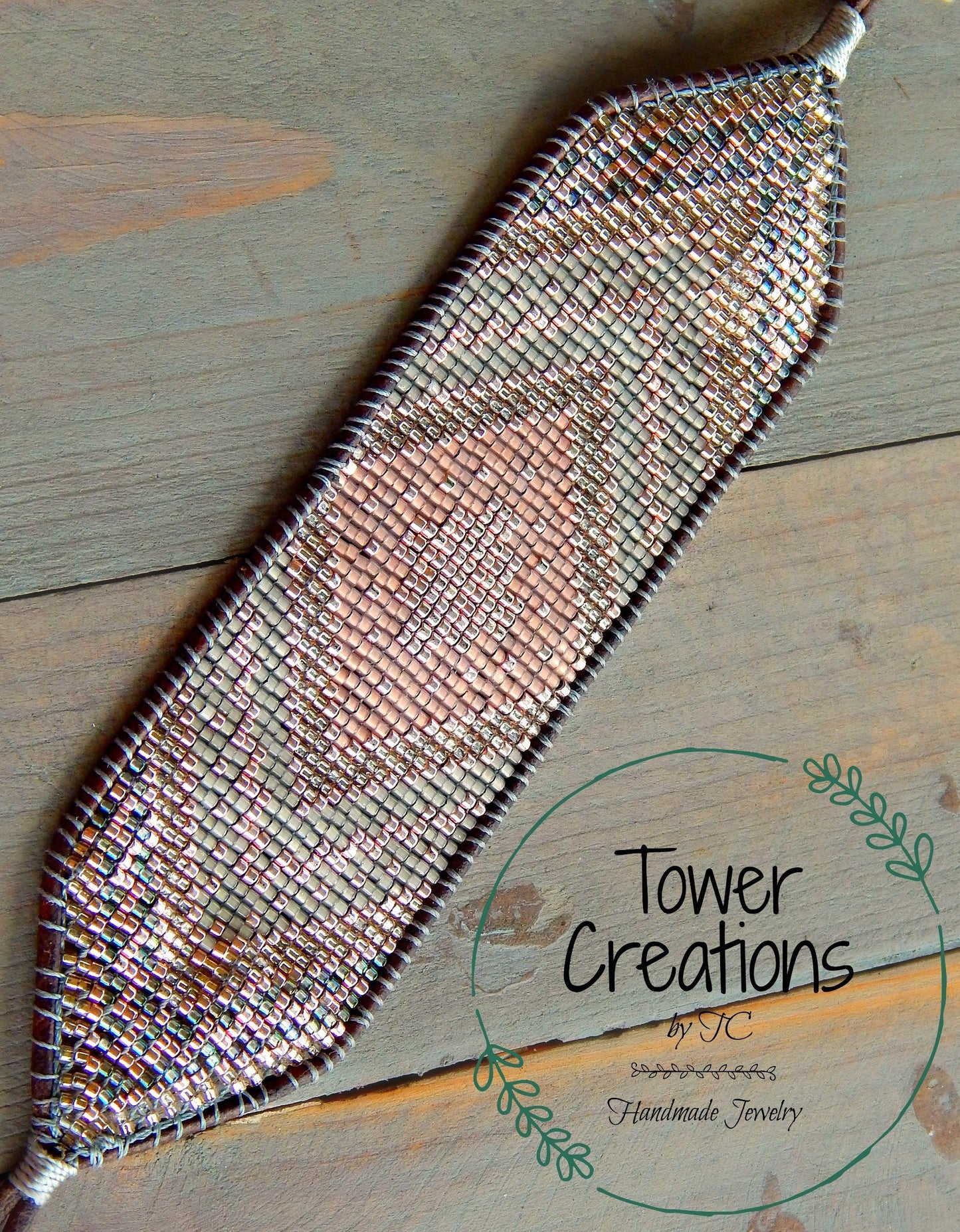 Rose Gold and Silver Extra wide Geometric bead loom woven cuff