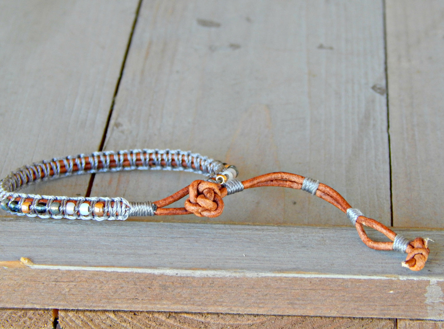 Copper Navy Gray Top Beaded Macrame Woven Leather Stack bracelet