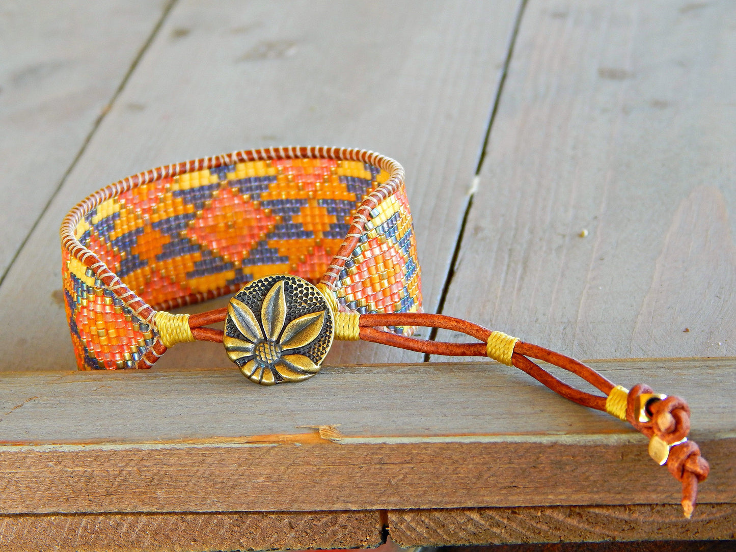 Sunflower Inspired Tribal Bead Loom Woven Cuff Bracelet