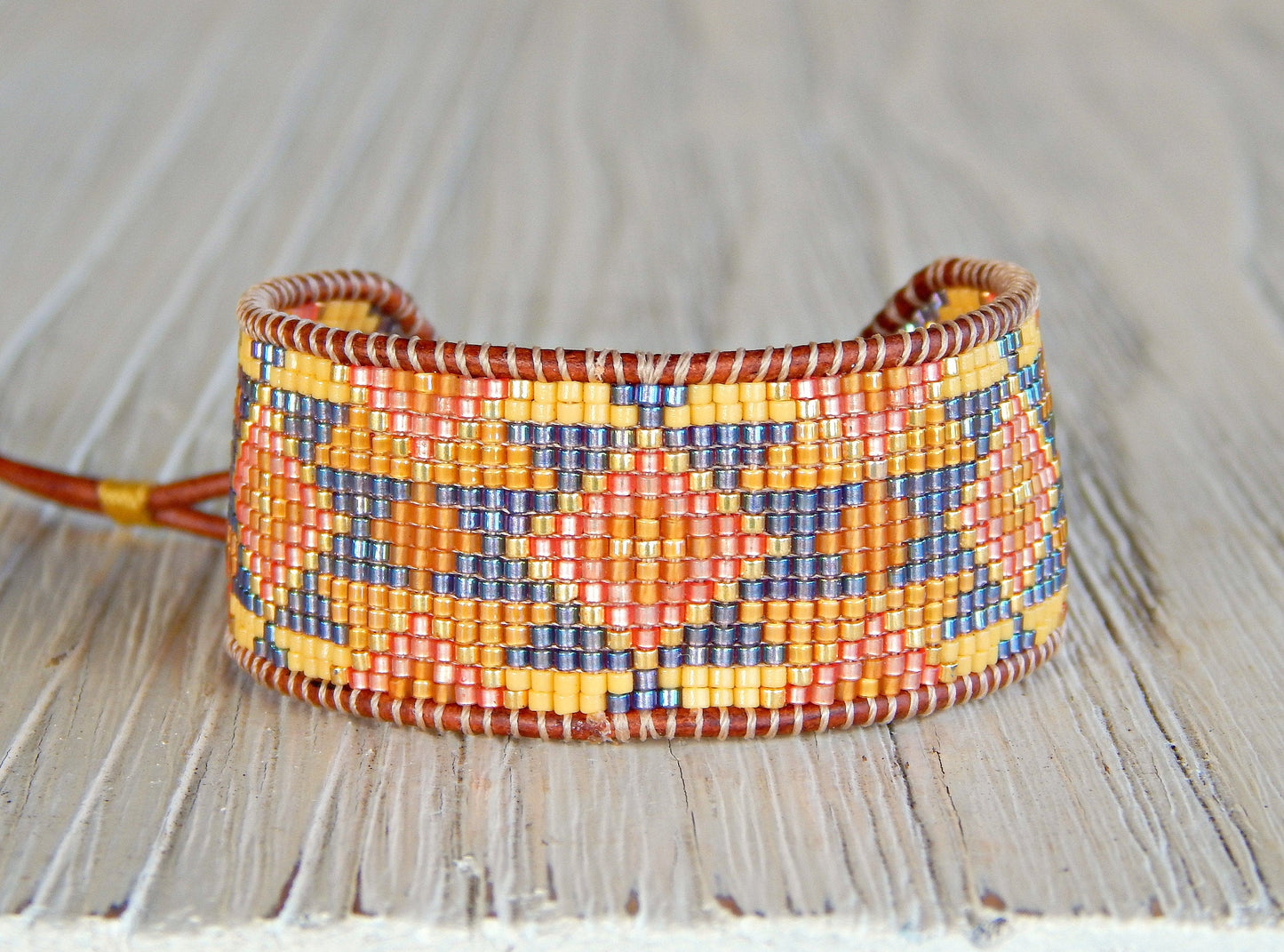 Sunflower Inspired Tribal Bead Loom Woven Cuff Bracelet