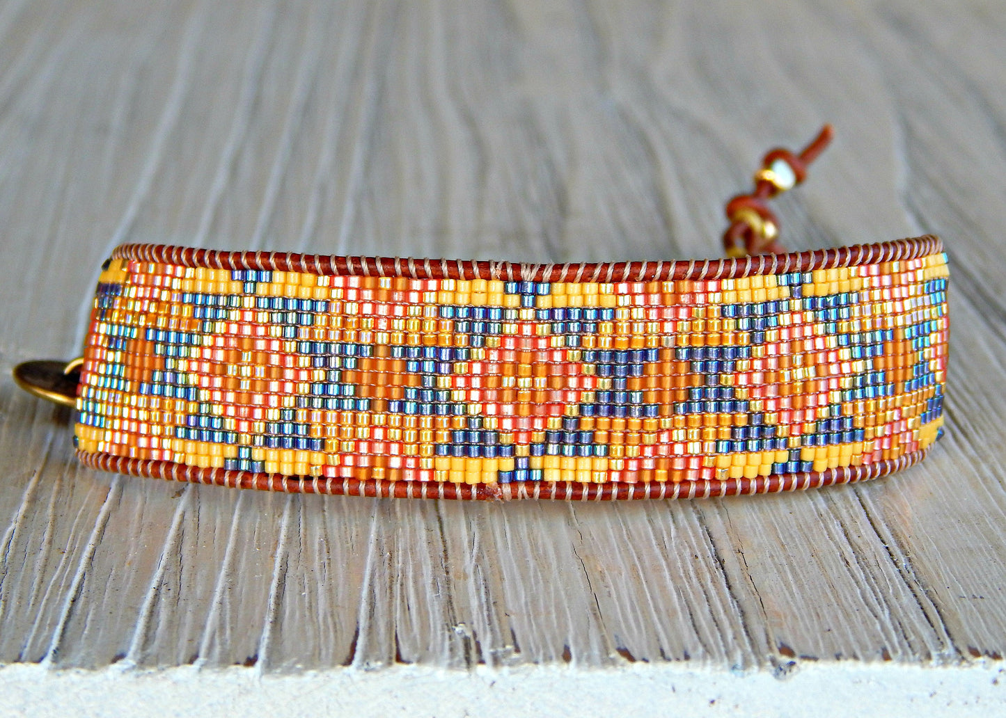 Sunflower Inspired Tribal Bead Loom Woven Cuff Bracelet