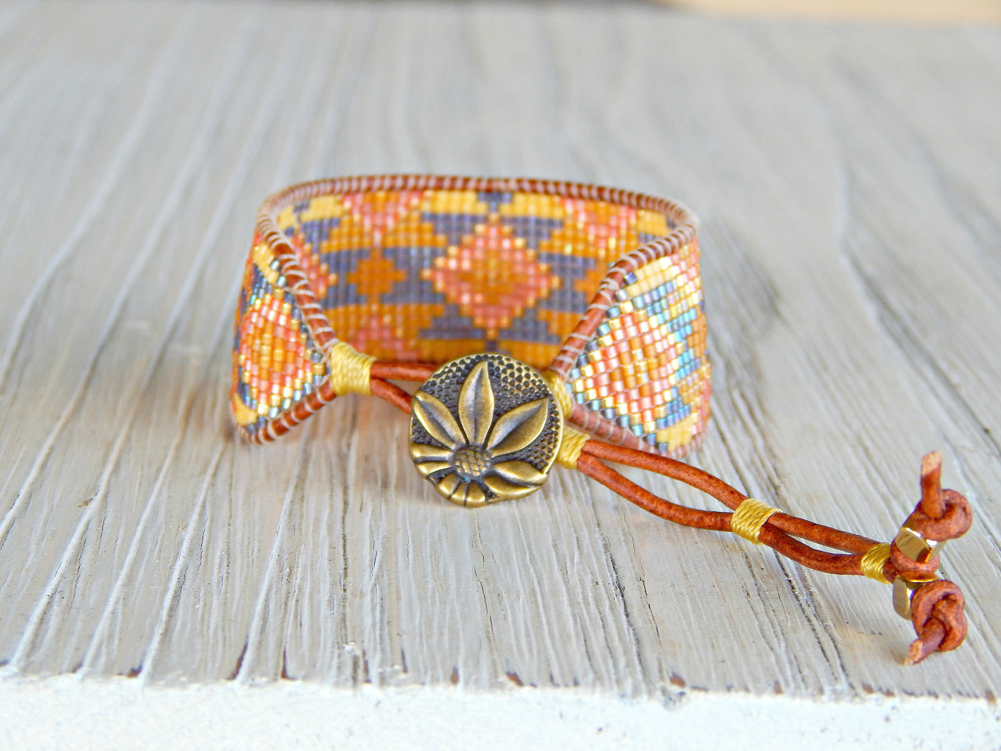 Sunflower Inspired Tribal Bead Loom Woven Cuff Bracelet