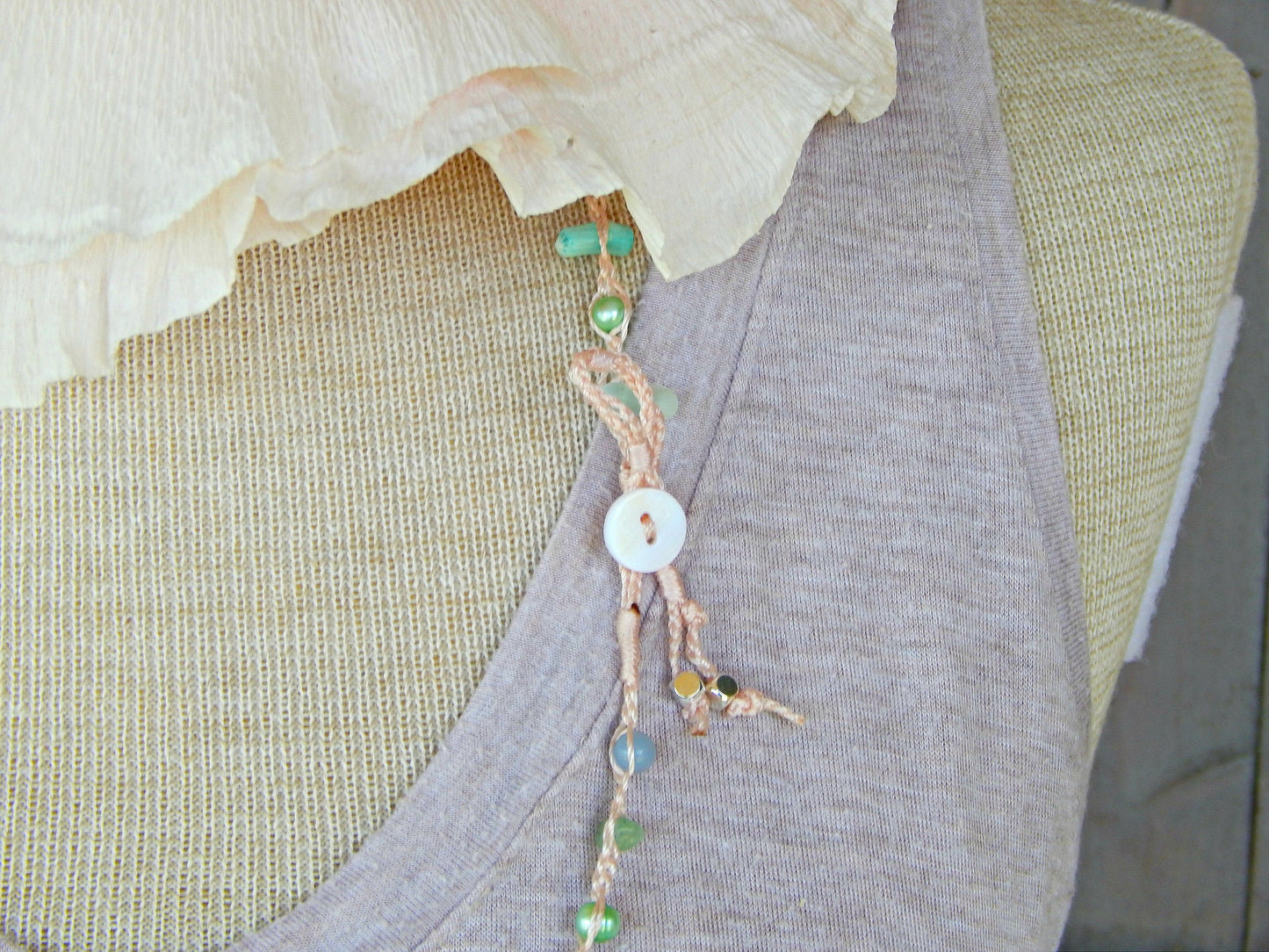Seafoam Seaglass, Shell and Pearl Wrap Bracelet, Anklet, Necklace
