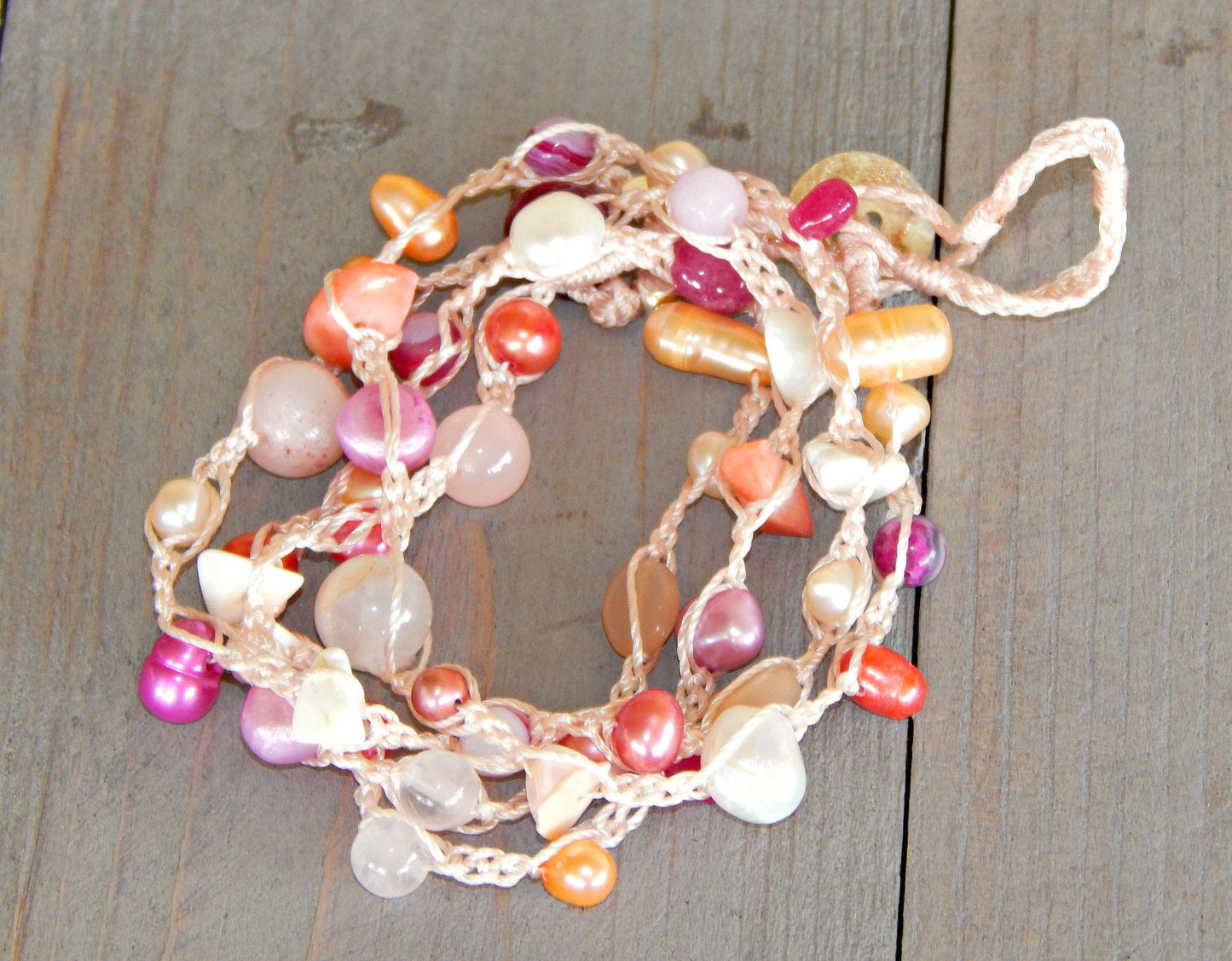 Pink, Blush, and Peach Pearl Wrap Bracelet, Anklet, Necklace