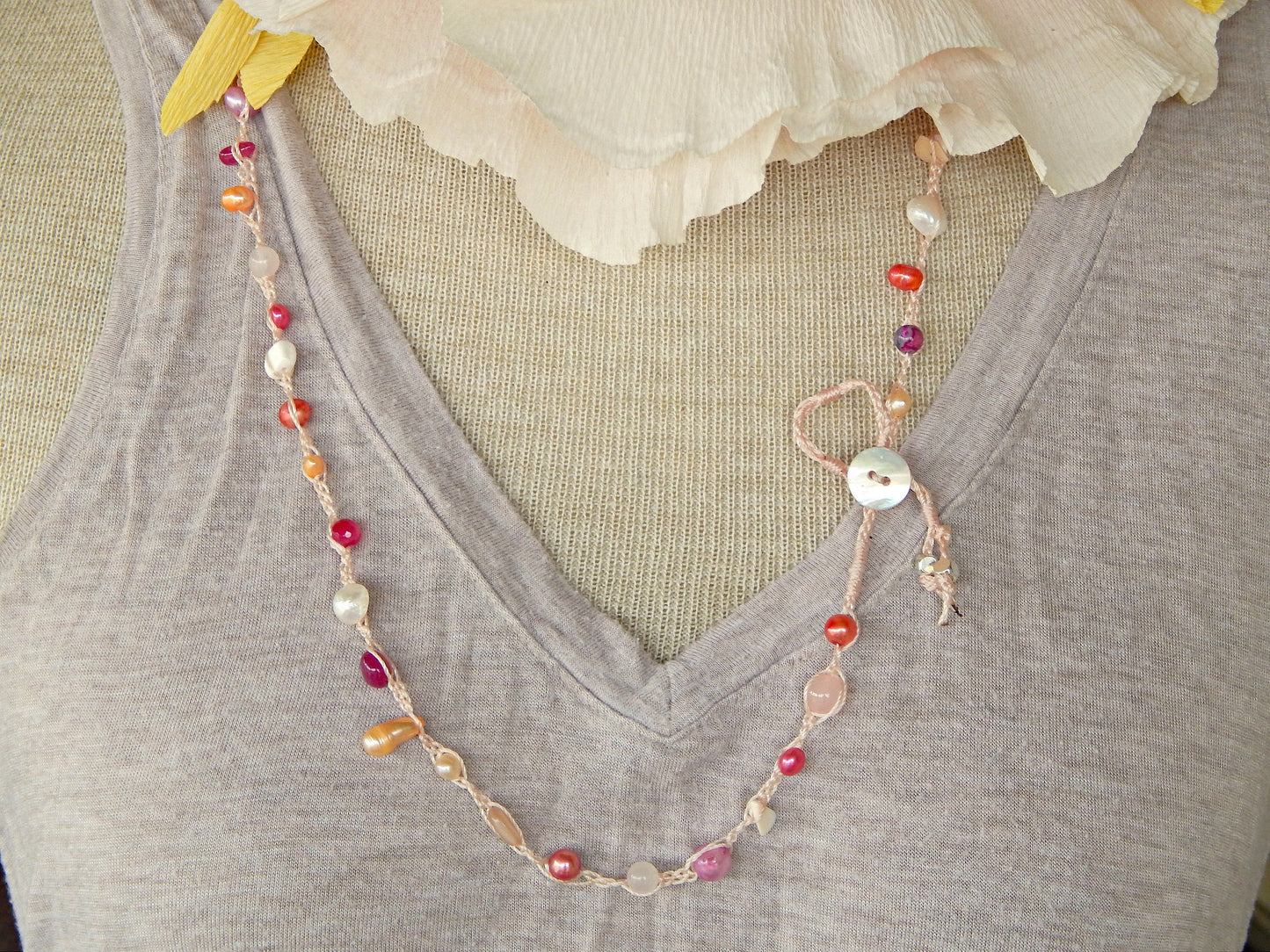 Pink, Blush, and Peach Pearl Wrap Bracelet, Anklet, Necklace