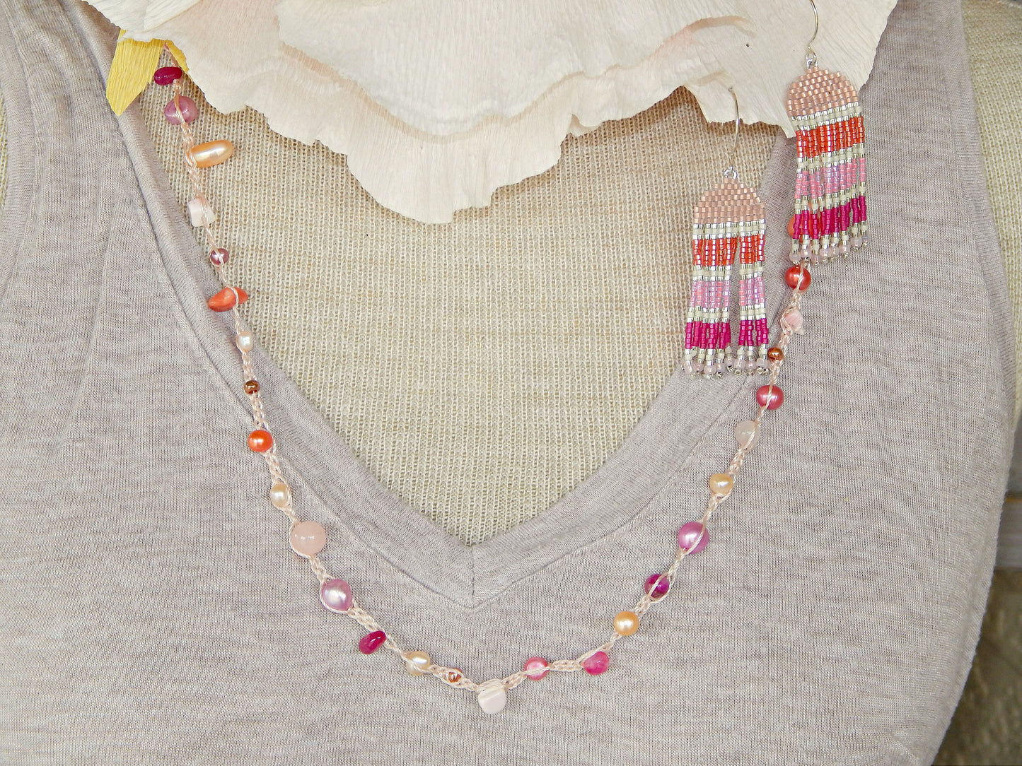 Pink, Blush, and Peach Pearl Wrap Bracelet, Anklet, Necklace