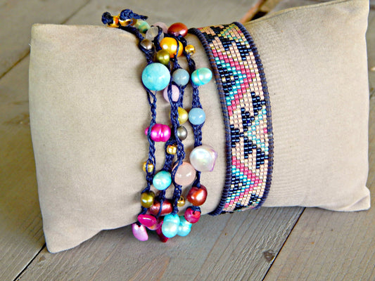 Navy Pink and BlushSouthwest Geometric Bead Loom Woven Bracelet